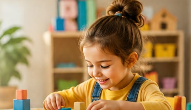 Niña feliz jugando con bloques de colores en su jardín infantil